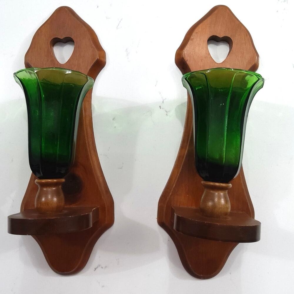 Vtg Homco wooden wall sconce set carved heart emerald green glass candle holder
